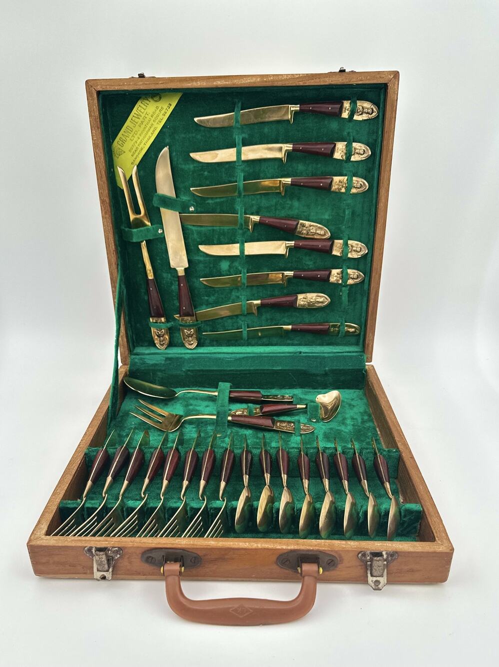Vintage Siam Thailand Brass Flatware Set 29pc Rosewood Handles Wood Case